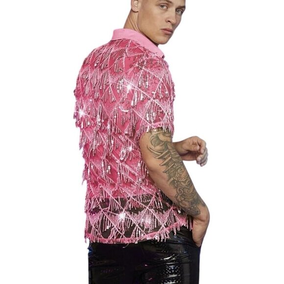Pink Sequined Fringe Sheer Short Sleeve Party Festival Unisex Snap Shirt Size XL - Picture 5 of 11